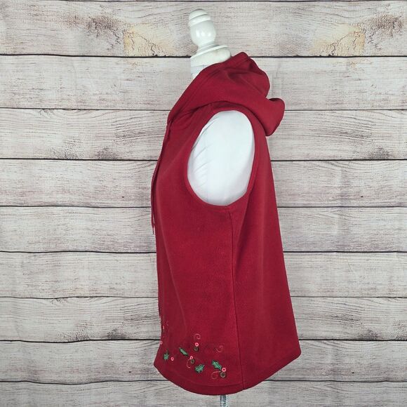 Christopher & Banks Vintage Christmas Hooded Fleece Vest Embroidered Medium - Picture 2 of 8
